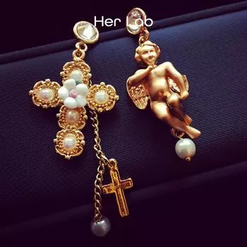 Ее лаборатория | Серьги-капли с кружевом в стиле барокко и бантом, херувим и ангел, асимметричные серьги-капли с жемчугом