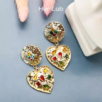 Ее лаборатория | Серьги-подвески в форме сердца для женщин - серьги с подвесками из 14-каратного золота со стразами, большие многоцветные кристаллы в винтажном стиле