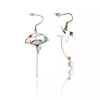 Ее лаборатория | Складной веер в китайском стиле, моделирование журавля, облака, висящие висячие серьги в национальном стиле