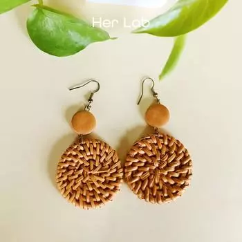 Ее лаборатория | Соломенные серьги из ротанга ручной работы в стиле бохо с круглым круглым шаром, плетеной оплеткой, тканые серьги-капли в форме диска