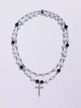 Ее лабораторные украшения | Персонализированный крестик, черно-белое двухслойное ожерелье с жемчужной строчкой, упаковка шкатулки для драгоценностей. чёрный/белый