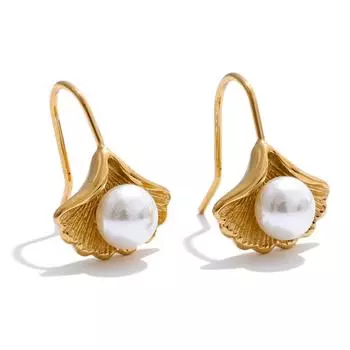 Eetit 2025 Серьги из нержавеющей стали с имитацией жемчуга и листьями гинкго билоба, Не ржавеющий металл, Шикарные, Модные украшения, Оптовая продажа, Подарок золотой