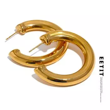 Eetit 40 мм нержавеющая сталь C-образная форма круглые полые серьги женские позолоченные 18-каратной текстуры водонепроницаемые массивные повседневные украшения