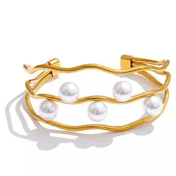 Eetit 65 мм Элегантность Имитация Жемчуга Многослойный Полый Браслет-Манжета из Нержавеющей Стали Цвета 18К Золота Шикарные Украшения на Запястье золотой