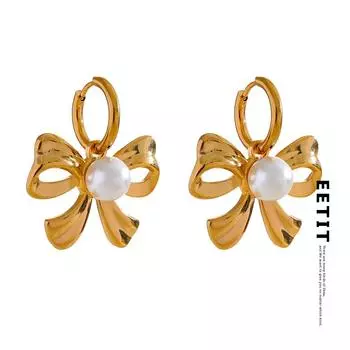 Eetit элегантные серьги-кольца с искусственным жемчугом из нержавеющей стали и бантом, золотые серьги-кольца для женщин, очаровательные повседневные украшения для предотвращения аллергии золотой