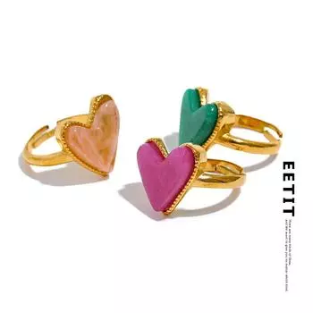 Eetit Candy Sweet Y2K Натуральный Камень Нержавеющая Сталь Сердце Любовь Открытое Кольцо Регулируемое Настоящее Позолоченное Молодое Ювелирное Украшение для Женщин ярко-розовый