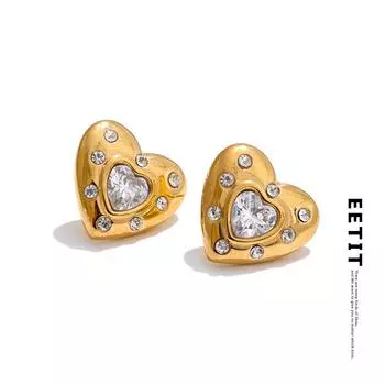 Eetit Cubic Zirconia Heart Love Daily Waterproof Stud Earrings Stainless Steel Charm Trendy Jewelry Valentine s Day Gift золотой