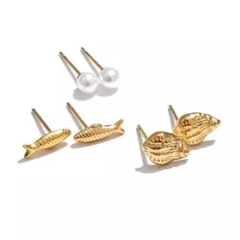 Eetit Cute Mini Conch Fish Pearls Stud Earrings Set 16K Golden Platinum Plated Daily Wear Fashion Waterproof Jewelry Recommend золотой