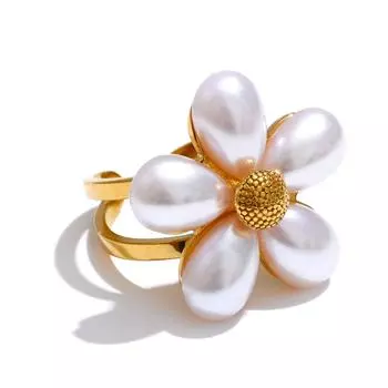 Eetit Elegance Цветок из искусственного жемчуга Золотое открытое кольцо для женщин Нержавеющая сталь Шик Мода Летние ювелирные аксессуары 7 золотой