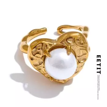 Eetit Элегантное модное кольцо из нержавеющей стали с имитацией жемчуга в форме сердца и любви, золотое, открытое, привлекательное, романтическое, ювелирное украшение для пальца 2024 7 золотой