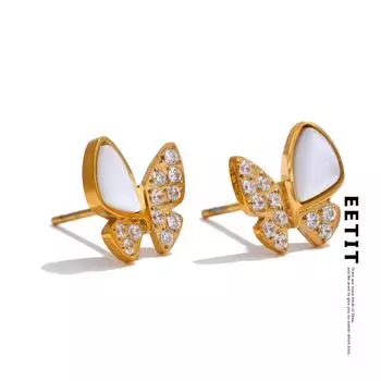 Eetit Изысканные маленькие серьги-гвоздики из натуральной ракушки с цирконием в виде бабочки в корейском стиле из нержавеющей стали, изящный подарок в виде ювелирного изделия золотой