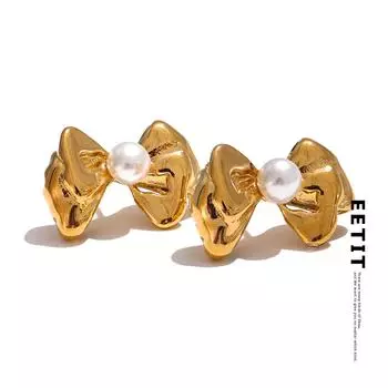 Eetit Изысканные серьги-гвоздики с искусственным жемчугом в виде банта из нержавеющей стали 316L 2024 года, модные ежедневные ювелирные изделия в подарок золотой