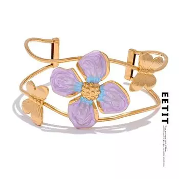 Eetit Эффектный браслет из нержавеющей стали с фиолетовым цветком и бабочкой, красочная эмаль, открытый большой браслет-манжета, водонепроницаемые ювелирные изделия золотой