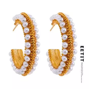 Eetit Элегантные серьги-обручи с искусственным жемчугом из нержавеющей стали C-образной формы, винтажные металлические подвески, стильные ювелирные изделия, бижутерия