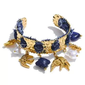 Eetit Эксклюзивный Дизайн Синий Деним Акриловый Жемчуг Птица Сердце Подвеска Манжета Ретро Браслет Нержавеющая Сталь Отличительный Шарм Ювелирные Изделия золотой