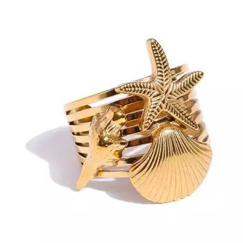 Eetit Кольцо открытое многослойное в морском стиле с ракушкой, конхой, морской звездой для женщин из нержавеющей стали золотого цвета, летнее, на каждый день, рекомендуем золотой