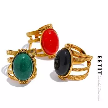 Eetit Красный, Черный Зеленый Камень Нержавеющая Сталь Открытое Регулируемое Популярное Модное Кольцо Позолоченное Водонепроницаемое Женское Ювелирное Изделие Праздничный Подарок чёрный