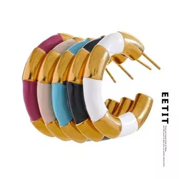 Eetit Массивные разноцветные эмалированные серьги из нержавеющей стали C-образной формы с геометрическим рисунком, необычные серьги 2024, устойчивые к ржавчине классические стильные ювелирные изделия белый