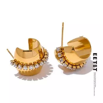 Eetit Модные блестящие циркониевые серьги из нержавеющей стали C-образной формы, маленькие серьги-обнимашки золотого цвета с PVD-покрытием 18 карат, повседневные ювелирные изделия премиум-класса золотой