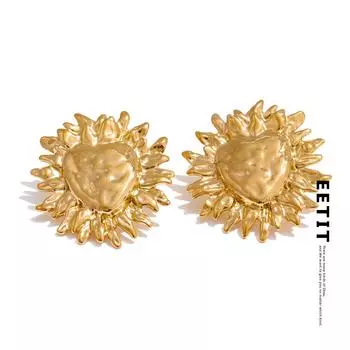 Eetit Модные серьги-гвоздики из нержавеющей стали с металлическим молотком в форме сердца и цветка для женщин, позолоченные 18-каратным PVD-покрытием, повседневные ювелирные изделия золотой