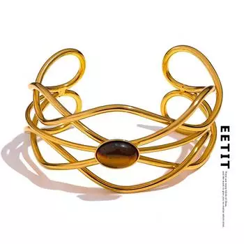 Eetit модный браслет-манжета из нержавеющей стали золотого цвета с широким открытым браслетом-манжетой, тигровый камень, необычные геометрические уникальные ювелирные изделия