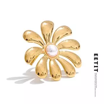 Eetit Модный стиль, гладкий металлический цветок, жемчуг, регулируемое кольцо 18K с покрытием PVD, устойчивое к ржавчине, очаровательное украшение на палец 2025 7 золотой