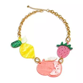 Eetit Ожерелье из нержавеющей стали и акрила с фруктами: вишня, клубника, лимон. Летнее, модное, трендовое, милое. Водонепроницаемое. золотой