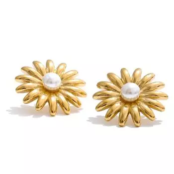 Eetit Популярные серьги-гвоздики из нержавеющей стали с жемчужным цветком на каждый день, предотвращающие аллергию, металл, летний шик, универсальные украшения 2025 золотой