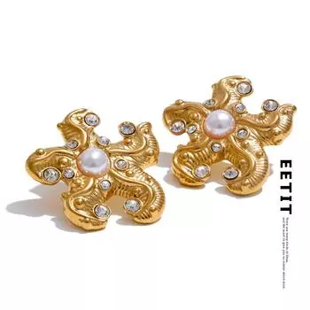 Eetit Серьги-гвоздики из нержавеющей стали с жемчугом и циркониевыми звездами в стиле океана для женщин, праздничные, пляжные, летние ювелирные изделия, подарок золотой