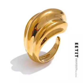 Eetit Statement 18K PVD Plated Stainless Steel Metal Geometric Finger Ring for Women Waterproof Texture Golden Charm Jewelry