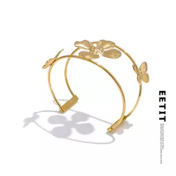 Eetit Trending Stainless Steel Metal Flower Butterfly Big Wide Cuff Bracelet Bangle Minimalist Jewelry Recommend Accessories золотой