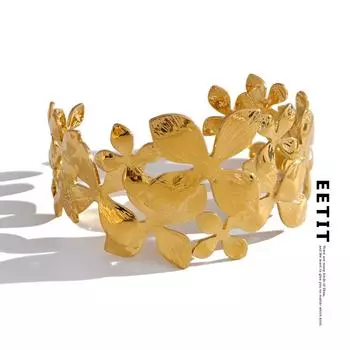 Eetit Трендовый стиль металлический цветок полый манжета ежедневный браслет золотой цвет нержавеющая сталь текстура шарм ювелирные изделия золотой