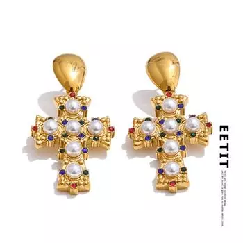 Eetit Винтажные серьги-подвески с искусственным жемчугом и цирконием из нержавеющей стали 18-каратного золота, популярные ювелирные изделия 2025 года золотой