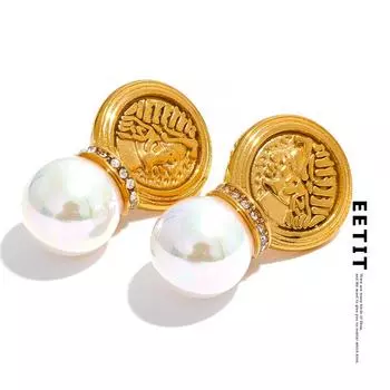 Eetit винтажные серьги-гвоздики с жемчугом и золотым цветом из нержавеющей стали с портретной головкой, массивные европейские ювелирные изделия для женщин
