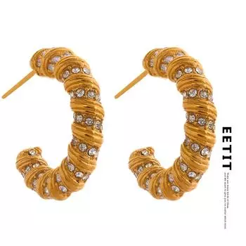 Eetit витой круассан из нержавеющей стали C-образные серьги-кольца с кубическим цирконием, золотые блестящие стильные модные очаровательные ювелирные изделия для женщин