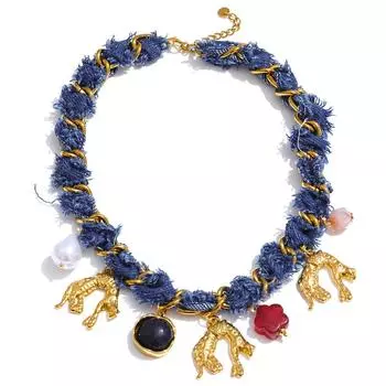 Eetit Заявление Синий Деним Цепь Жемчуг Акриловый Цветок Подвеска Ожерелье Нержавеющая Сталь Винтаж Осень&Зима Колье Ювелирные Изделия золотой