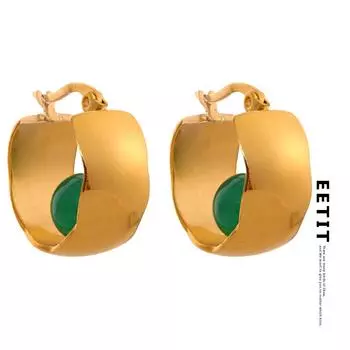 Eetit Зеленый Агат Натуральный Камень Гладкий Металл Нержавеющая Сталь Круглые Серьги-Обручи Позолоченные 18 К Очаровательные Водонепроницаемые Ювелирные Изделия