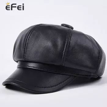 EFei из овчины, восьмиугольная шляпа, женская модная кожаная шляпа, шляпа с утиным языком, берет, женская шапка, зимняя шапка L(55-56cm) чёрный