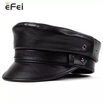 EFei зимняя мужская шляпа из натуральной кожи, мужская кепка в стиле ретро с плоским верхом, локомотив, военные кепки L(55-56cm) чёрный