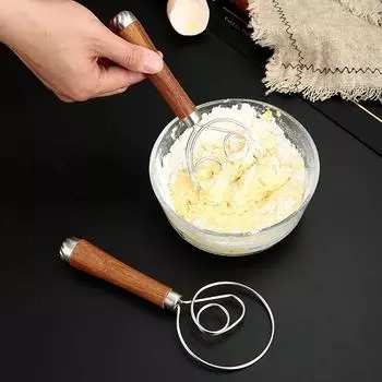 Egg Beater Baking Tool Danish Dough Whisk Kitchen Gadgets Two-hole Flour Cake Mixer Wooden Handle Eggs Cream Whisk Supplies Bar 1pc