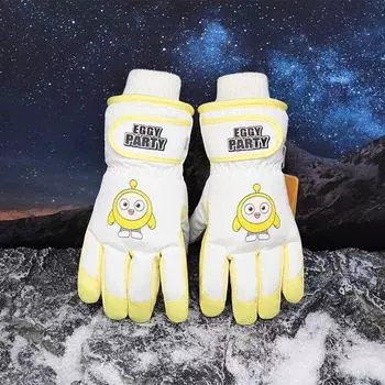 Egg Puff Party Ski Gloves Boys Thickened Woolen Cotton Windproof Cartoon Cute Heattech Gloves Girls Playing Snow Egg party yellow suitable for 7-12 years old