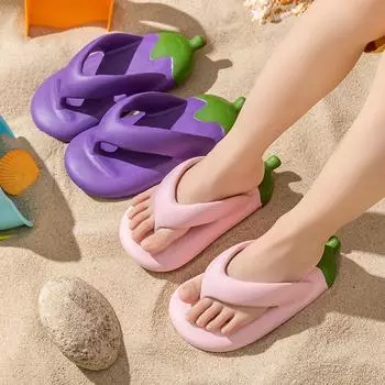 Eggplant slippers men and women summer cartoon indoor home non-slip bath flip-flops room thick bottom stepping on shit girl sandals 30-31 фиолетовый