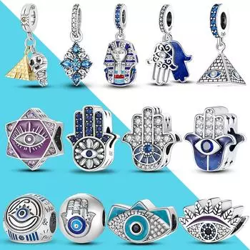 Египетская пирамида, мумия фараона, синие подвески, серебро 925 пробы, защитные бусины Хамса Хамса, рука Фатимы, подходят для браслета-цепочки, сделай сам