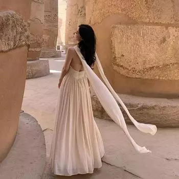 Egypt Dubai Desert Chiffon Backless Dress Tourism Milk apricot (Authentic high quality) XL