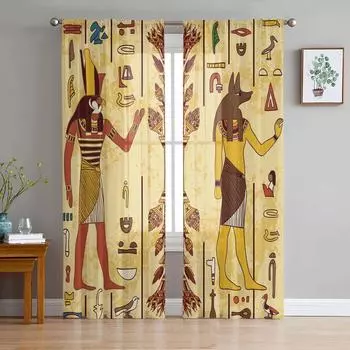 Egypt Pharaoh Yellow Mural Ancient Tulle Sheer Curtains for Living Room Decor Window Curtain for Bedroom Voile Organza Drapes W135 x H115cm x1&Rod Pocket
