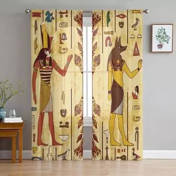 Egypt Pharaoh Yellow Mural Ancient Tulle Sheer Curtains for Living Room Decor Window Curtain for Bedroom Voile Organza Drapes W135 x H115cm x1&Rod Pocket