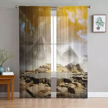 Egypt Pyramid Smog Sheer Curtains for Living Room Decoration Window Curtains for Kitchen Tulle Voile Organza Curtains W135 x H115cm x1