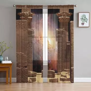 Egypt Temple Buildings Starry Sky Milky Way Sheer Curtains for Living Room Bedroom Decor Window Voile Tulle Curtain Drapes W135 x H114cm