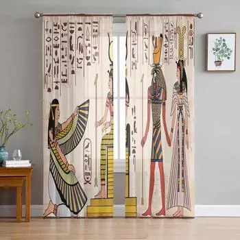 Egyptian Mural Culture Ancient Art Tulle Window Treatment Sheer Curtains for Kitchen Living Room the Bedroom Curtains Decoration W135 x H114cm