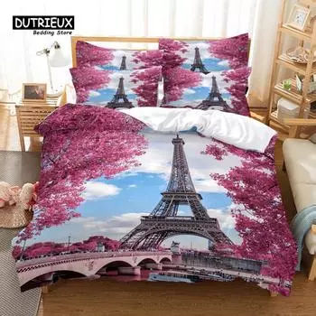 Eiffel Tower Bedding Set, 3Pcs Duvet Cover Set, Soft Comfortable Breathable Duvet Cover, For Bedroom Guest Room Decor EU single(135x200cm)